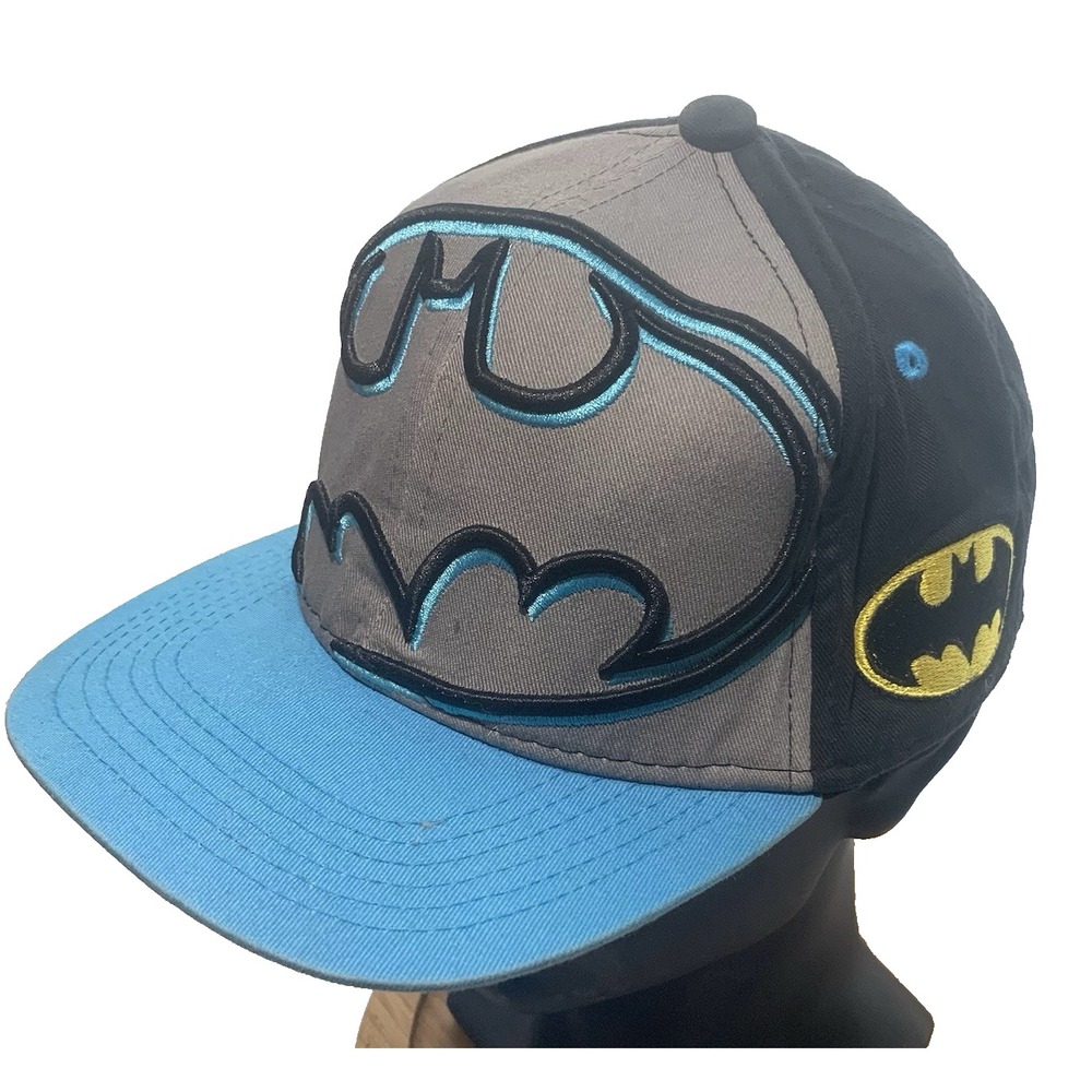 Batman DC Comics Kids Snapback Hat Black Grey Blue Embroidered Flat Brim Cap‎